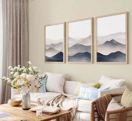 Image of BLINKART Set of 3 MISTY MOUNTAIN LAYERS Natural Brown Frame Painting for Wall Decoration - Modern Art Wall Decor Framed Painting for Living Room Bedroom - Framed Wall Posters /Paintings (8X12 inch)