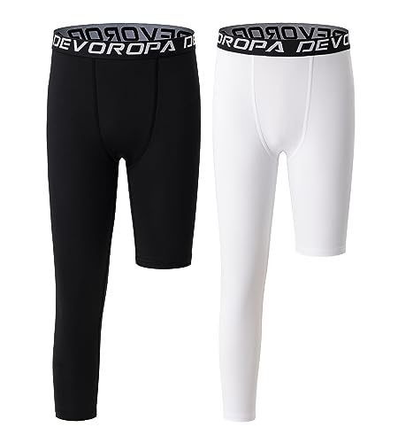 DEVOROPA Youth Boys Leggings One Leg Compression Pants 2-Pack 3/4 Basketball Sports Tights Running Capris Kids Athletic Base Layer Black/White M