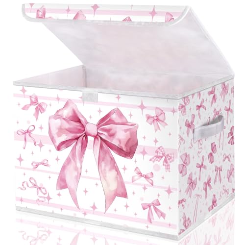 Image of Briwooody Pink Bow Storage Bin with Lid and Carrying Handle Coquette Basket