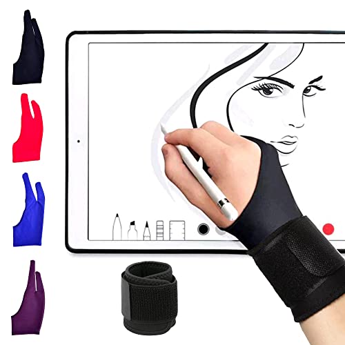 Artist Gloves 4 pcs and Adjustable Wrist Support Strap Palm Rejection Glove for Graphics Drawing Tablet iPad Reduce Friction Elastic Lycra(Large)