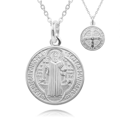 MAJALE Collar Medalla de San Benito en Acero Inoxidable Dorado o Plateado – Protección Espiritual – Cadena Resistente al Agua – Medalla Religiosa Hombre y Mujer (Plata_ 20mm)