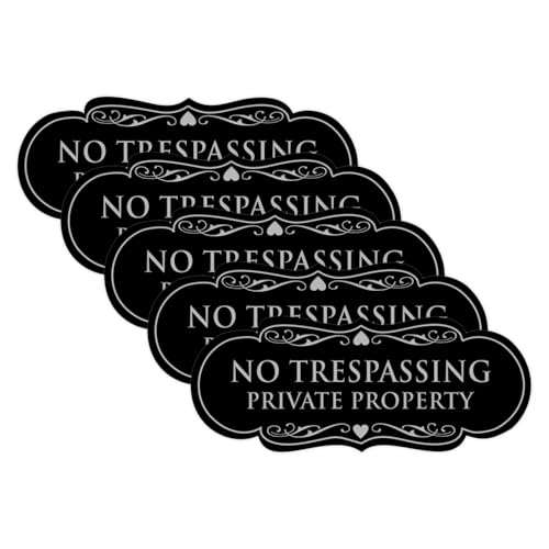 Signs ByLITA Designer No Trespassing Private Property Wall or Door Sign | Security Sign for Property (Black/Silver) - X-Large (5 Pack)