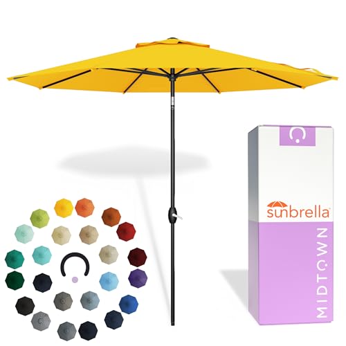 Image of Midtown Umbrellas - The Lean 8 Ft Patio Umbrella with Fade-Resistant Sunbrella Fabric, Auto-Tilt Aluminum Frame and 8 Reinforced Ribs for Deck, Pool & Garden - Yellow Canopy, Black Pole
