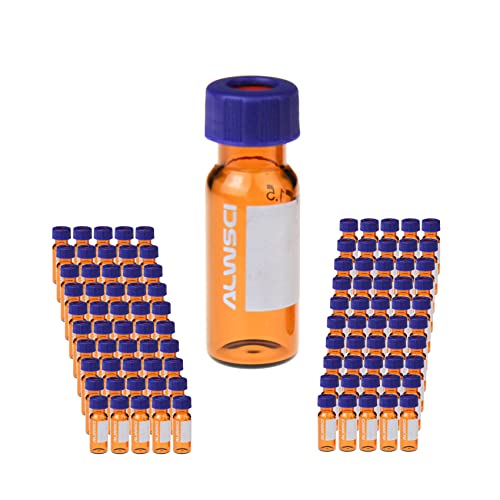 Alwsci 2Ml 9Mm Hplc Vial, Amber Autosampler Vial, 1.8Ml Borosiliglass Sample Vial With Graduation, 9-425 Type Screw Threaded Vial, Blue Screw Cap With Hole, White Ptfe&Red Silicone Septa, 100 Of Pack #TOP21