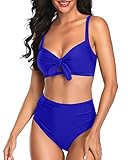 Tempt Me Women Royal Blue Two Piece Swimsuits High Waisted Bikini Set Tummy Control Ruched Tie Knot Bathing Suits with Bottom XL