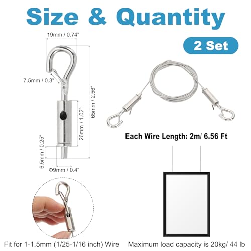 Image of PATIKIL 2 Pcs Adjustable Picture Hanging Wire Kit, 2m /6.6ft, Silver, Stainless Steel & Iron, 1.5mm Wire, Max Load 20kg /44lb, 2 Hooks, PTA240906TT004782
