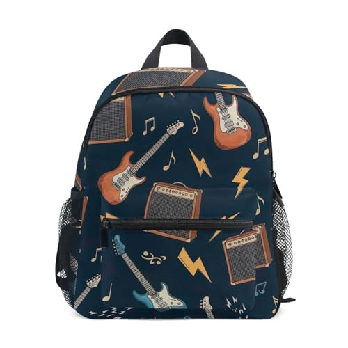 Backpack for Toddler Boys Girls, Cute Guitars Dark Blue Kids Backpacks with Name Tag Kindergarten Backpacks, 3-8 Years