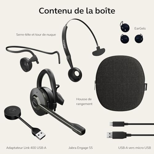 Jabra Engage 55 - Micro-casque convertible sans fil avec Earhook, Serre-tête & tour de nuque - Link 400 USB-A, Micro à réduction de bruit, Longue portée, Protection auditive - Certifié Teams - Noir