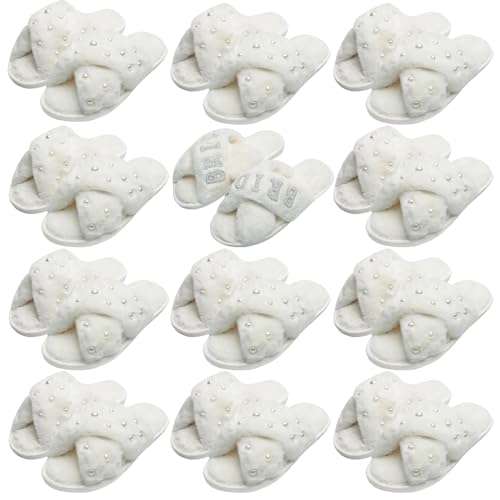 12 Pairs Women's Fuzzy Slippers Bulk Cross Band Open Toe Bridesmaid Slippers Plush Furry Slippers for Bridal and Bachelorette Party Gift - Main Image