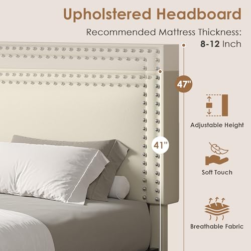 Image of VECELO Twin Size Platform Bed Frame with Height Adjustable Upholstered Headboard, Modern Mattress Foundation,Strong Wood Slat Support, No Box Spring Needed, Easy Assembly, Beige