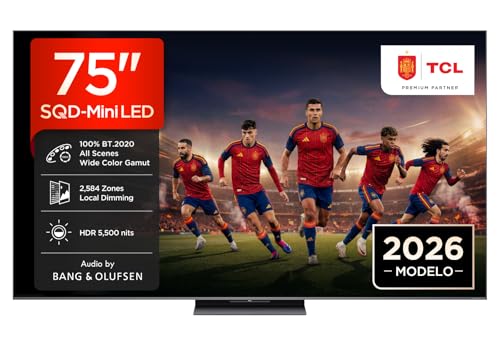 TCL 75C8L Televisor 75 Pulgadas SQD Mini LED 4K Smart TV, HDR 5500 nits, 2584Local Dimming, 144Hz Motion Clarity Pro, Bang & Olufsen, Dolby Vision IQ & Atmos, Game Master, Google TV, Apple AirPlay 2