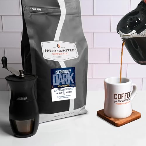 Image of Fresh Roasted Coffee, Seriously Dark Decaf Artisan Blend Drip Ground Coffee, Dark Roast, Kosher, 5 lb (80 oz)