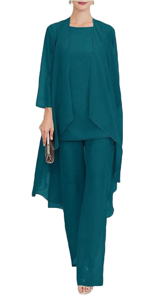 3 PC Chiffon Mother of The Bride Pants Suits with Long Jacket Wedding Guest Outfit Formal Evening Gown Teal UK22