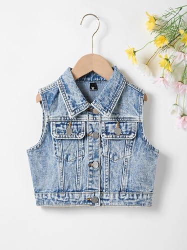 Girl's Retro Denim Jacket Vest Collar Neck Button Front Sleeveless Jean Jacket Outerwear with Pockets2