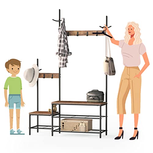 Charavector Industrial Parent-Child Hall Tree For Entryway, 1+1 Hall Tree Entryway Bench With Coat Rack, Wood And Metal Coat Rack With Shoe Bench, Storage Shelf Organizer Accent Furniture #TOP2