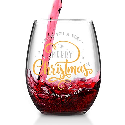Wish You A Merry Christmas and Happy New Year Stemless Wine Glass Set, Stemless Wine Glasses for Women Friends Men Christmas Wedding Party, Set of 4