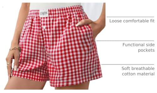 Image of LOMON Boxer Shorts for Women Summer Gingham Pajamas 2026 Lounge Sleep Pj Plaid Shorts Y2K Beach Bottoms with Pockets