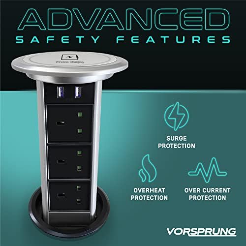 VORSPRUNG® Motorised Silver Pop Up Power Sockets, 15W fast wireless charging for worktops,kitchen & offices -3x UK(3 Pin) plugs 2x USB ports  Qi charging pad phones etc surge protection,UK seller