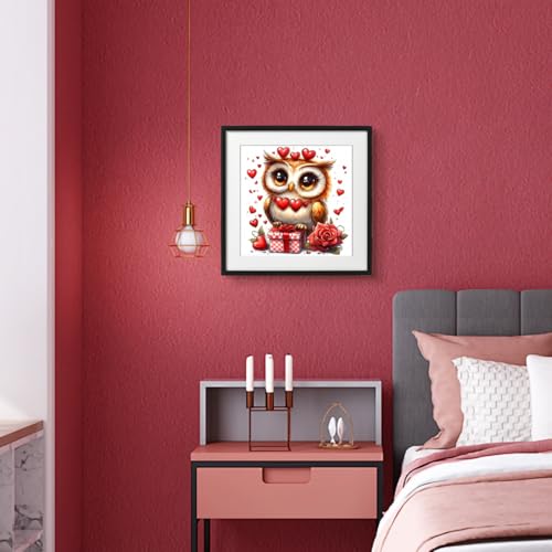 Image of Zhenqing Valentine's Day Cross Stitch Kit for Adults - Stamped Red Heart Rose & Owl Floral Embroidery | 11CT 7.87 inchx7.87 inch DIY Craft with Thread, Fabric | Gift for Couples 68782