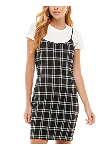 Derek Heart Womens Black Stretch Plaid Spaghetti Strap Scoop Neck Above The Knee Sheath Dress Juniors S