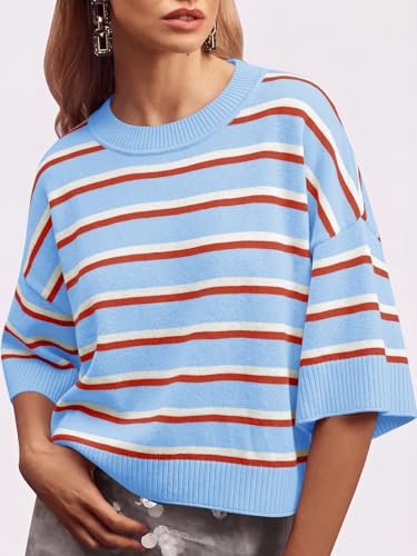 Image of Saodimallsu Womens Short Sleeve Sweater Summer Oversized Cropped Sweaters Casual Crewneck Lightweight Knit Tops