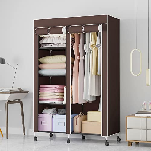 Armoire penderie portable en toile marron avec étagères