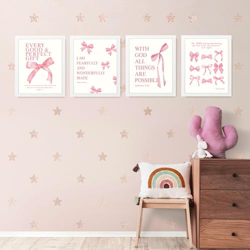 Image of LARTSFRO Coquette Pink Bow Wall Art Decor Posters, Pink Bow Room Bedroom Bathroom Dorm Wall Art Decor Aesthetic for College Teen Girls Gifts, Inspirational Bible Verses Bow Wall Decor, 10x8 Inch Set of 4 Pcs Bow Pictures (WHITE FRAMED)