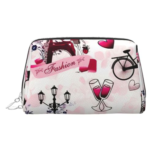 Cityscape Paris Eiffel Tower France Print Leather Cosmetic Pouch, Leather Makeup Bag for Purse with Top Zip Closure Stylish Toiletry Bag