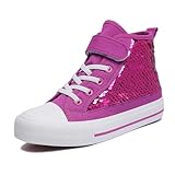 Zoroadke Girls High Top Canvas Shoes Little Kids Flipping Sequins Glitter Adjustable Straps Sneakers Non Slip Casual Walking Size 2 Rose Red