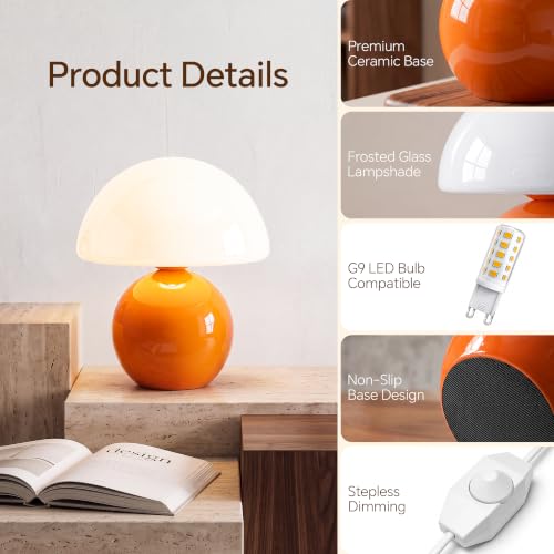 Image of Dawnwake Mushroom Lamp Table Lamps Set of 2 for Bedroom Living Room,Orange | 8.7 inch Mid Century Modern Small Desk Table Lamps for Living Room Bedroom Decor,Ceramic Lamps for Home Room Decor,Glass Shade