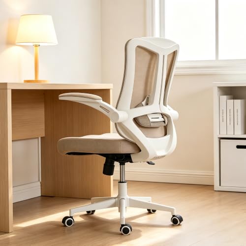 Image of Comfy Office Chair, Adjustable Lumbar Support Desk Chair, Khaki | Ergonomic Office Chair with Flip-up Armrests, 400LBS Capacity Breathable Mesh Computer Chair for Home Offices, Study, Gaming