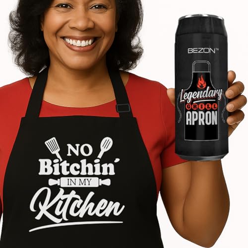 BEZON Funny Grill Apron for Men – Beer Can Style Packaging – Heavy-Duty Water-Resistant Cotton Canvas – No Bitchin’ in My Kitchen!