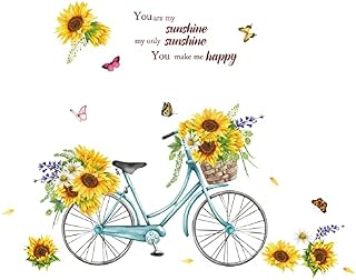 wondever Sunflower Wall Stickers Floral on Bike Sunshine Peel and Stick Wall Art Decals for Bedroom Living Room TV Wall