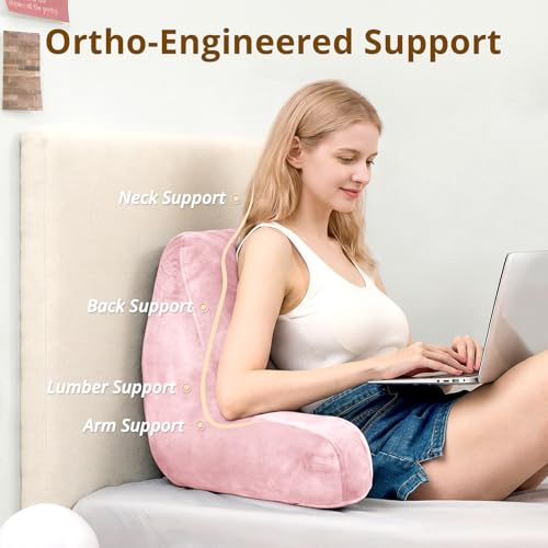 Image of Sasttie Reading Pillow for Bed, Back Pillow for Sitting Up, Pink | 18 inch Backrest Support Cushion for Couch, Sofa, and Floor, Dorm Essentials, OEKO-TEX, Adjustable Down Alternative Fill