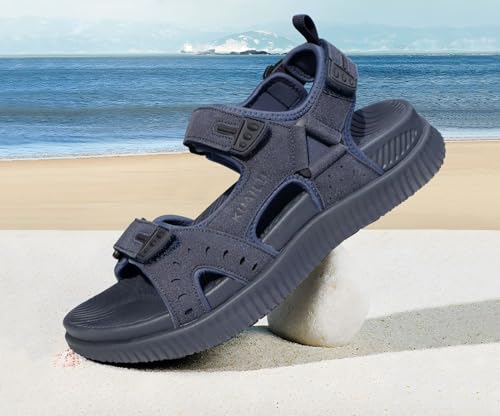 Image of KuaiLu Mens Leather Hiking Sandals with Orthopedic Arch Support Footbed | Sport Recovery Athletic Waliking Sandals For Man Outdoor Summer Casual Thick Cushion Beach Water Fisherman Sandal Size 7-15