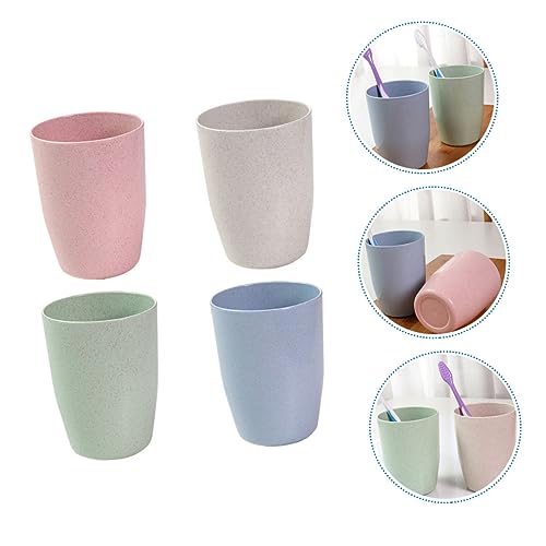 FUNOMOCYA 4pcs Wheat Straw Toothbrush Cups Reusable Mouthwash Cups Lightweight Bathroom Drinking Tumbler in Lotus Pink Light Green Sky Wheat Color for Family Use