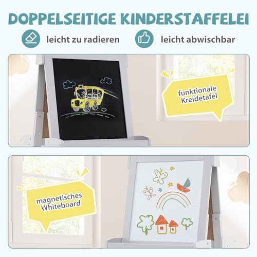 COSTWAY Tablica dla dzieci, składana sztaluga z regulacją wysokości z białą tablicą i tablicą magnetyczną, dwustronna tablica dziecięca z rolką papierową i 3 miseczkami do malowania, składana tablica