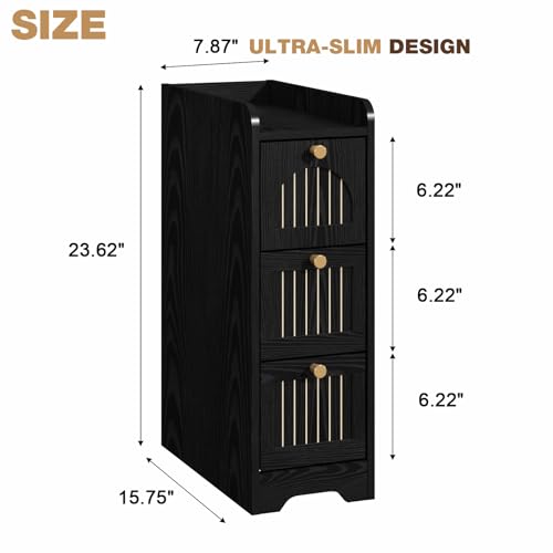Image of 7.87 inch Narrow Nightstand Set of 2, Fluted Slim Bedside Table with 2 Drawers, Mid Century Modern Small End Table with Gold Metal Handles, for Bedroom, Living Room & Small Spaces - Black