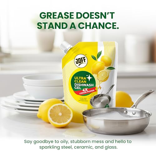 Image of Joff Ultra Clean Dishwash Liquid Gel 2L Refill | Advanced Degrease Technology | Instantly Cuts Tough & Burnt Grease | Low Foam Easy Rinse | Lemon Fresh | Value Refill Pack