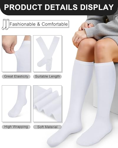 Senker Fashion Knee High Socks for Women, Cotton White Long Tube Sock Black Stockings Striped for Boot Outdoor Sport