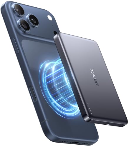 TORRAS MiniMag Power Bank 10000mAh for MagSafe, Fast Charging Magnetic Portable Charger Slim, Wireless Battery Pack with USB-C Cable for iPhone 17 Pro Max/Air/16/15/14/13/12, Gray Titan