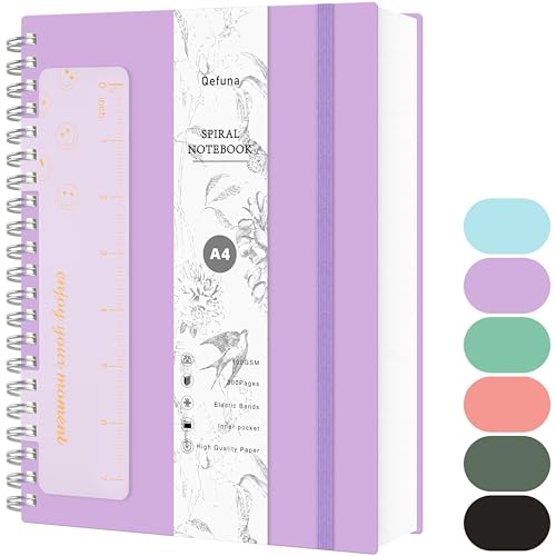 Qefuna Carnet à pois A4, Bullet Dot Journal, Cahier à spirales 300 pages, papier résistant à l'encre 100g/M², couverture rigide en PVC, avec règle,...
