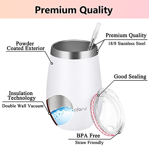 Waipfaru Wine Tumbler, 14 Oz Insulated Wine Tumbler With Lid And Straw, Stainless Steel Stemless Cup, Double Wall Vacuum Wine Tumbler For Wine Coffee Cocktails Champagne (White) #TOP1