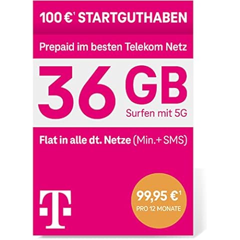 Telekom MagentaMobil Prepaid 5G Jahrestarif SIM-Karte I inkl. 36GB (3GB/Monat) & Flat (Min, SMS) in alle dt. Netze, EU-Roaming I Surfen mit LTE Max/5G & HotSpot Flat I 100EUR Startguthaben Cover