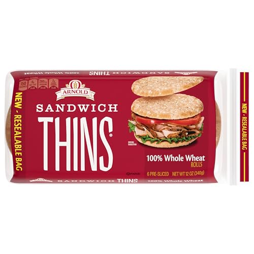Arnold 100% Whole Wheat Sandwich Thins Rolls, Sandwich Rounds Free From Artificial Colors, Flavors and Preservatives, 6 Sandwich Rolls