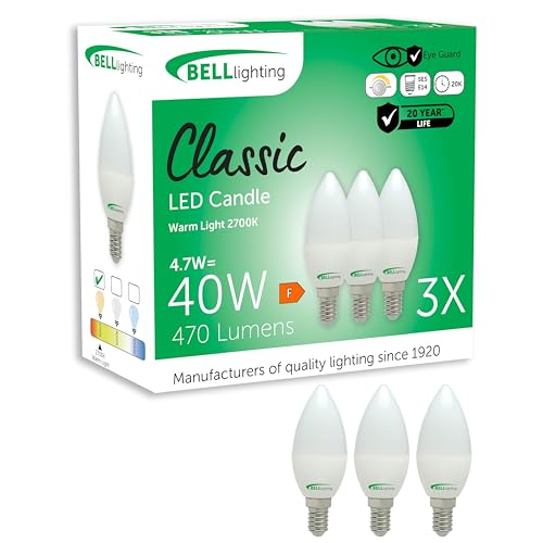 BELL Lighting E14 Dimmable LED Candle Bulbs 3 Pack | 4.7 W 470 Lumen Warm White 2700 K | Small Edison Screw Cap SES Light Bulb | Energy Saving LED Candle Bulb 40 W Equivalent for Lamps & Chandeliers