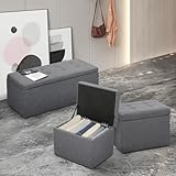 Magshion 3-Piece Storage Ottoman Set, 40 Inch Rectangle Ottoman Bench with 2 Cube Ottomans, Upholstered Footrest for Living Room, Bedroom, Hallway, Supports up to 800 lbs, Linen Navy Grey