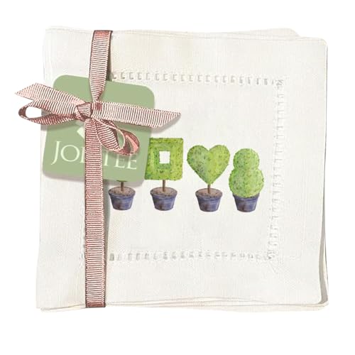 Jolitee Decorative Hemstitch Cocktail Napkins, 6"x6" Washable Linen-Like Cloth Napkins, Handmade for Entertaining and Everyday Use (Topiary)