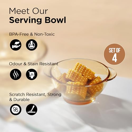 Image of The Better Home Set of 4 Borosilicate Glass Bowls | 450 ml Each | Microwave Safe | Scratch Resistant | Serving & Mixing Bowls for Kitchen | Round | Transparent | Amber