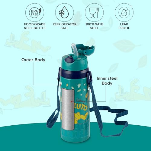 Image of CELLO Kidzbee Autumn 600 Pluto Design Insulated Kids Sipper Water Bottle 600 ml |Food Grade, 3D Touch & Feel Design, BPA Free, Leakproof Easy Press Open Flip Top Cap Insulated Kids Water Bottle